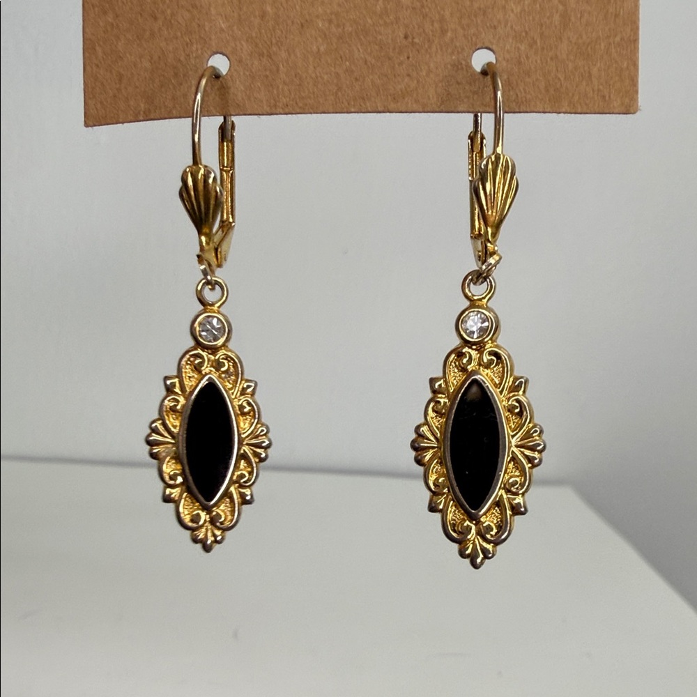 Vintage Black & Gold Marquise Drop Earrings Leverback
